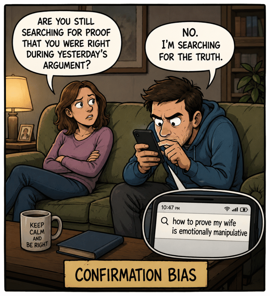 Funny confirmation bias meme showing how people search for proof instead of truth